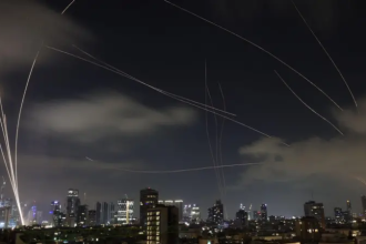 Israeli air defences intercepting Iranian missiles above Tel Aviv, Israel