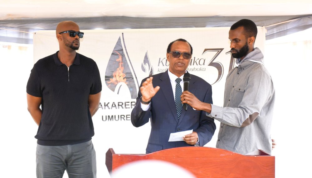 Ndengeyingoma Cyrille spoke on behalf of families whose loved ones are buried at the Bukiro Genocide Memorial.